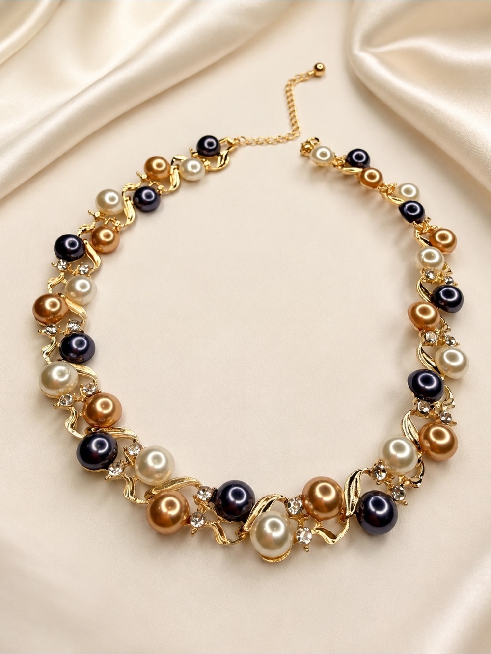 Gold Collar Necklace with Black, White and Champagne Pearls - Picture 5 of 8